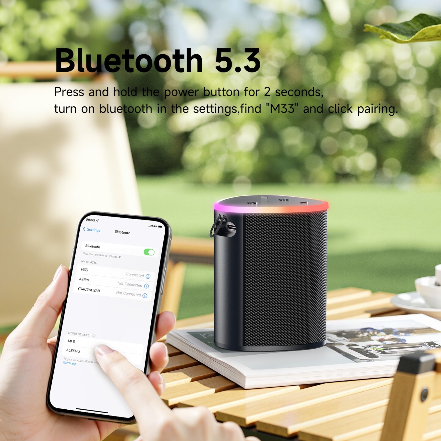 Advanced Outdoor Bluetooth Speaker with Lights - Ideal Gift for Men, Multi-Sync Capacity for 100 Speakers, Auto-Pairing HD Audio, Cool Tech Gadget, IPX5 Water-Resistant for Patio & Porch